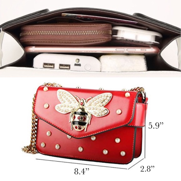Beautiful Red Pearl Studded Bee Crossbody Purse - Picture 15 of 16